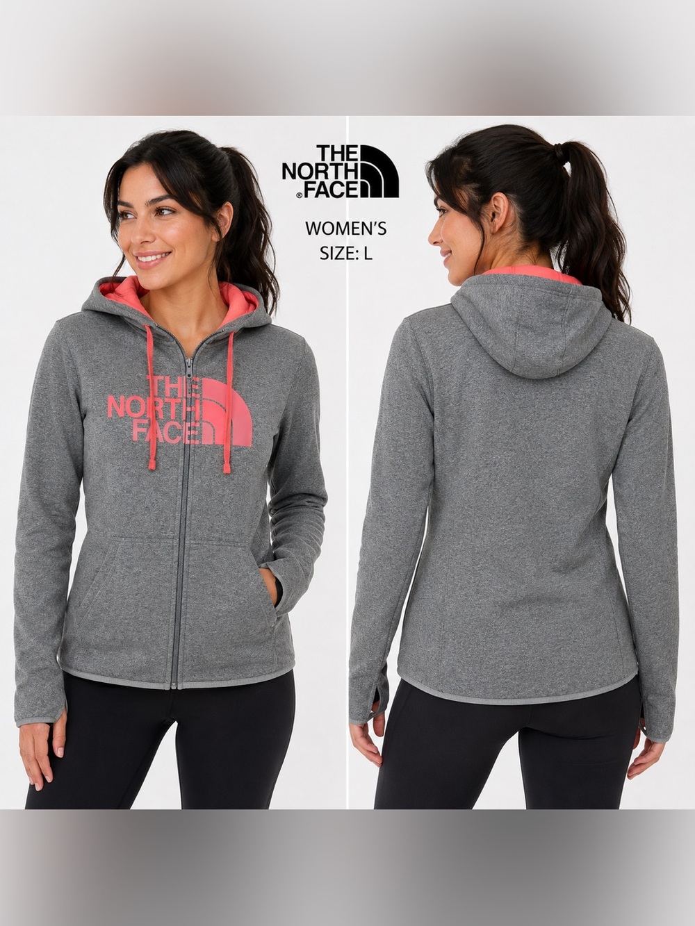The North Face Women’s L Gray & Coral Full Zip Hooded Fleece Jacket